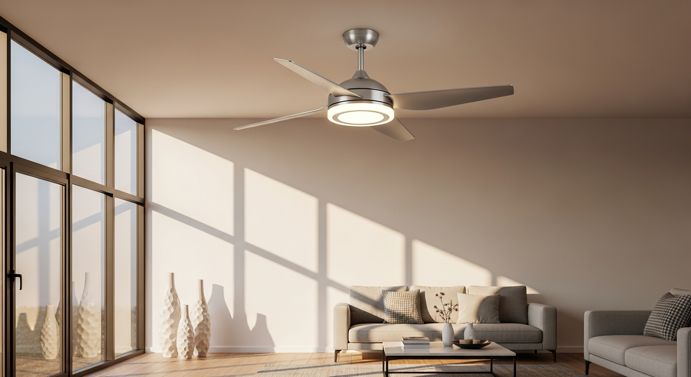 Modern ceiling light with integrated fan showing sleek design and dual functionality for home comfort