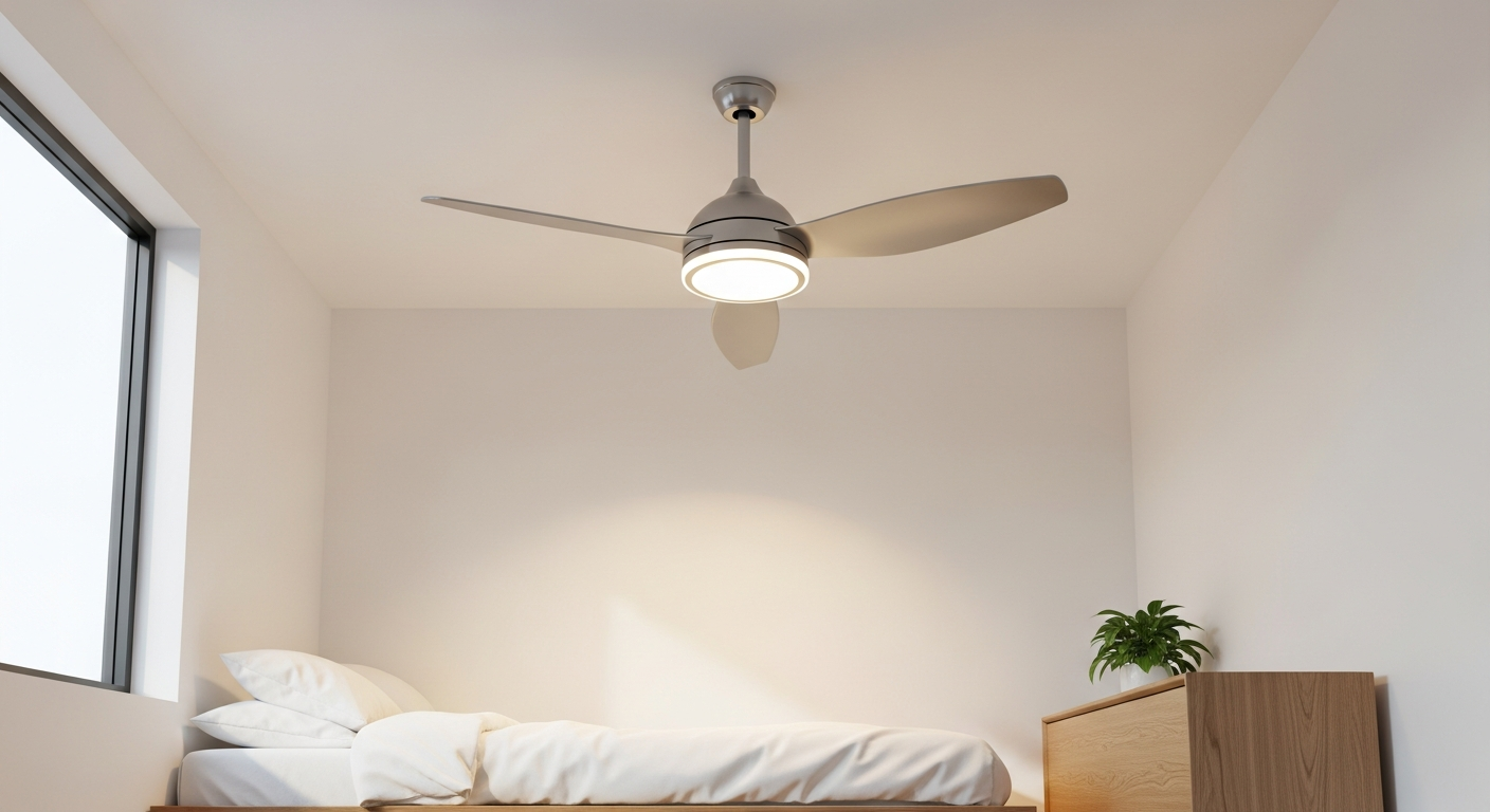 Modern ceiling fan light fixture with LED technology installed in a minimalist small apartment space