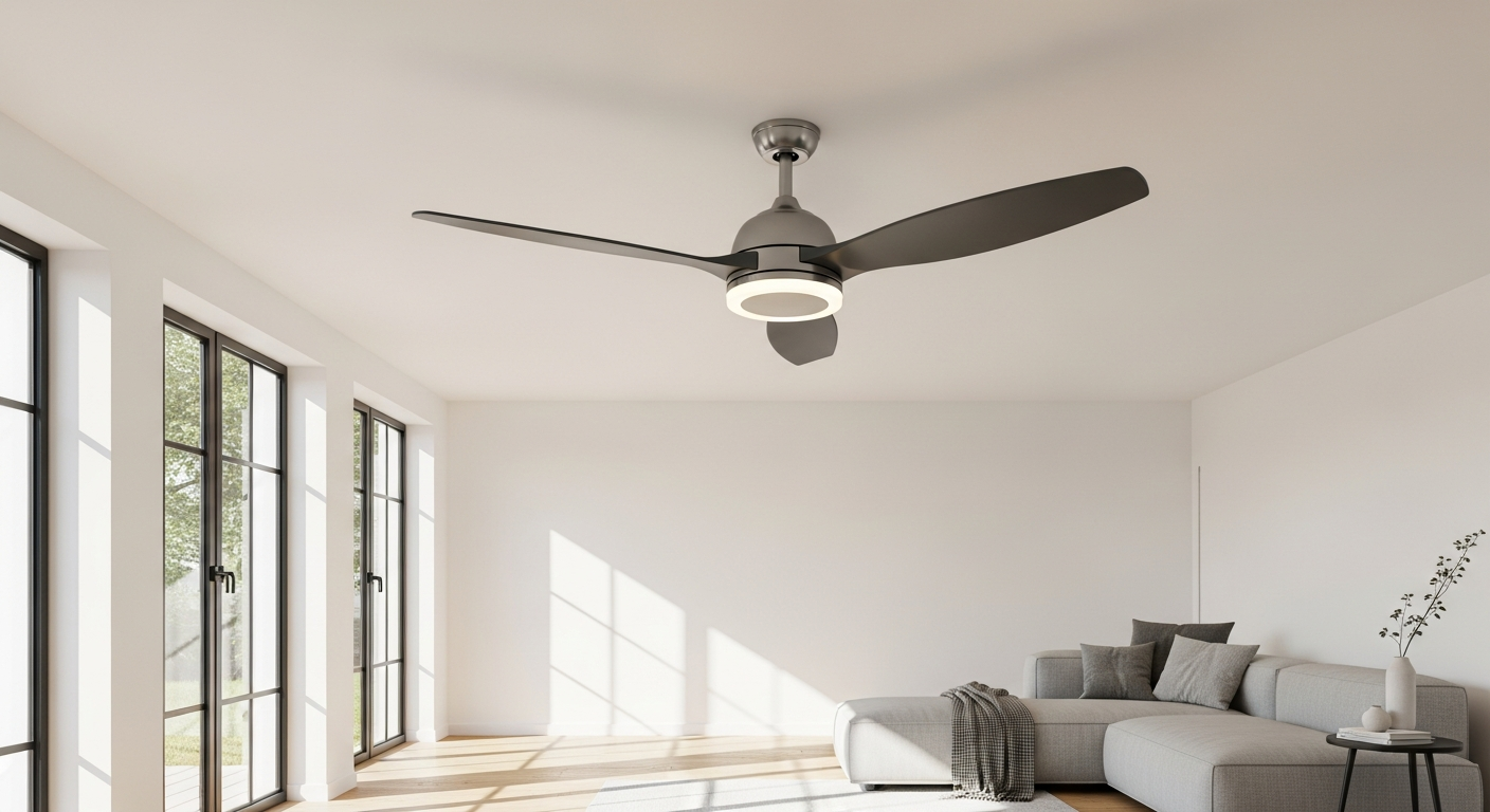 Modern integrated LED ceiling fan light fixture with brushed nickel finish in contemporary living room