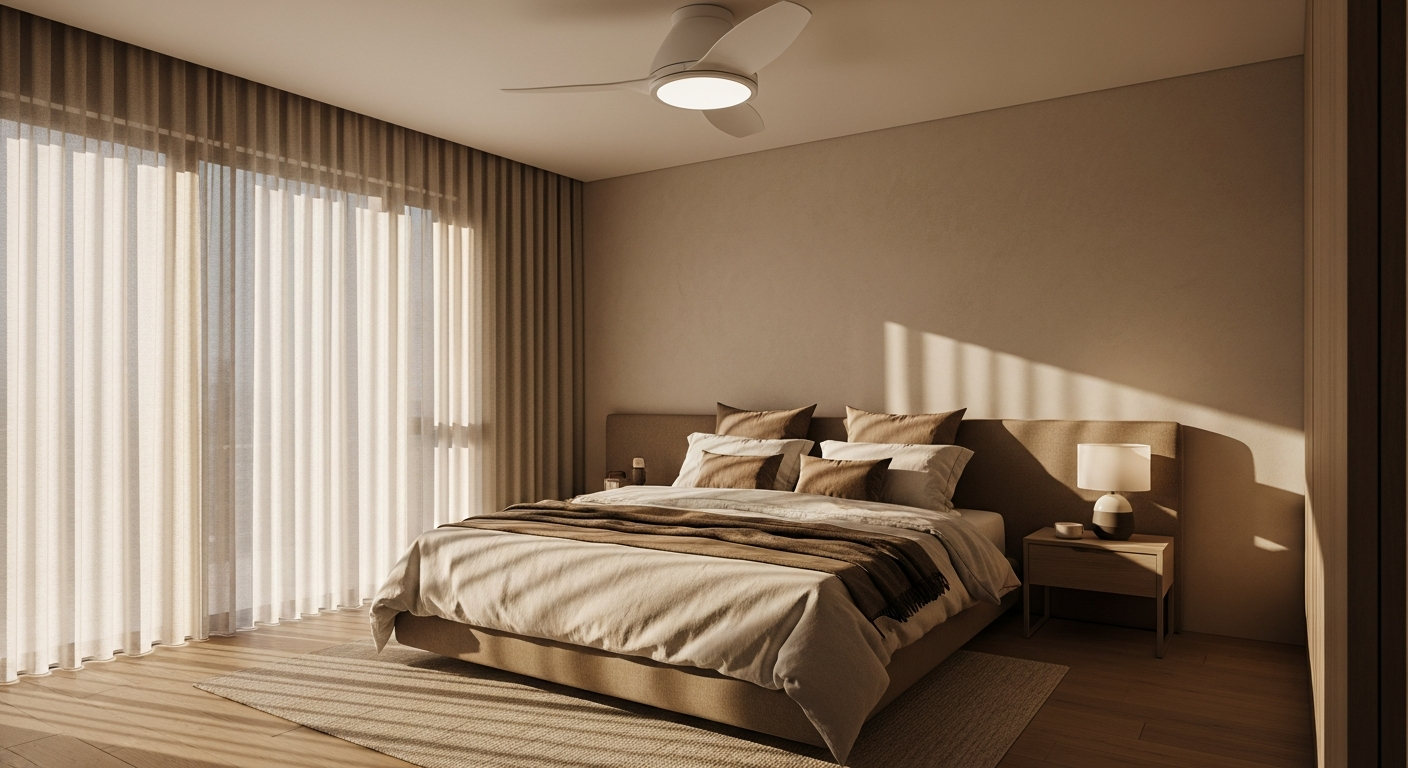 Modern quiet ceiling fan with integrated LED light fixture in contemporary bedroom setting