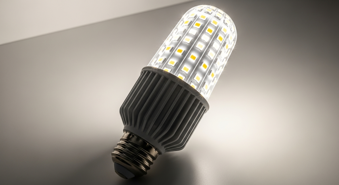 JUNO LED 27W E27 4000K corn lamp bulb displaying omnidirectional light distribution in commercial warehouse setting