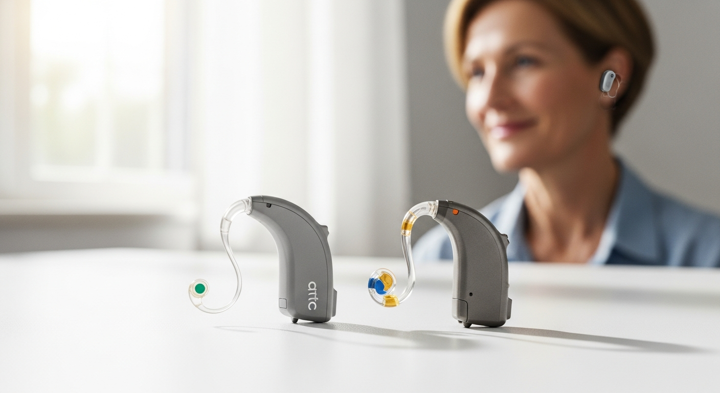 Linner Mercury affordable OTC hearing aid receiver-in-canal device displayed with charging case