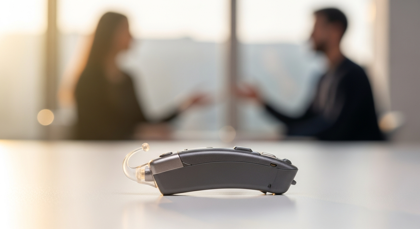 Linner Saturn invisible completely-in-canal hearing aid device shown next to charging case