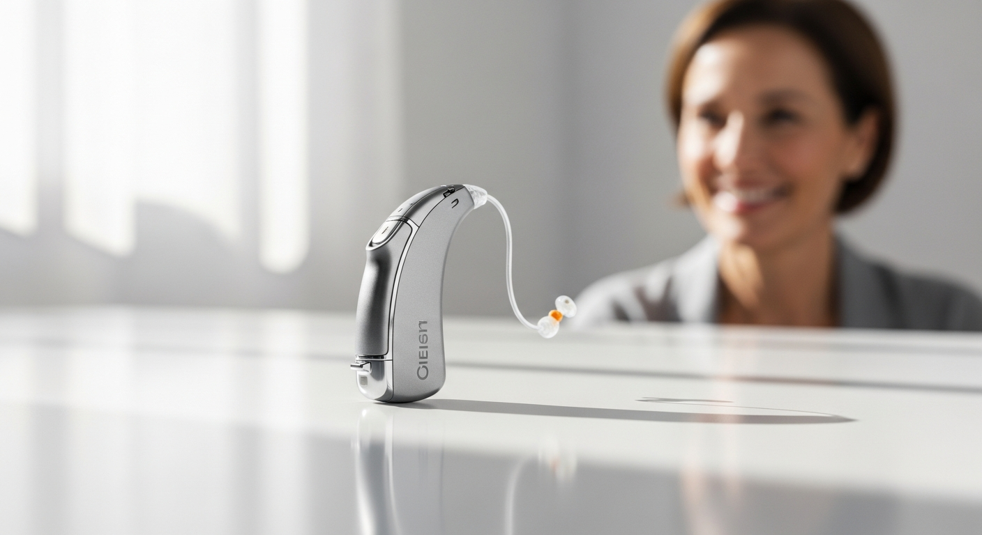 Linner Saturn invisible rechargeable hearing aids displayed next to charging case and accessories
