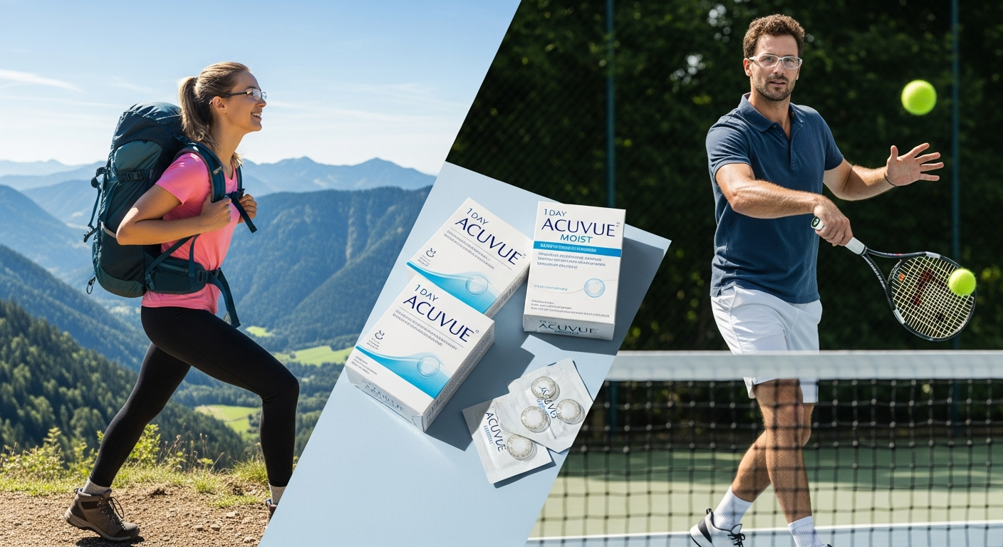 Active woman wearing 1 Day Acuvue Moist contact lenses during outdoor sports and travel adventure