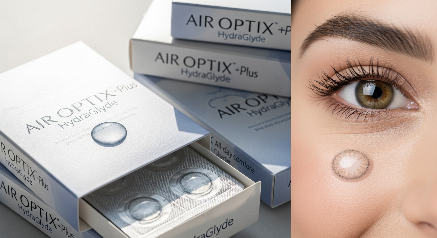 Air Optix Plus HydraGlyde monthly contact lenses in packaging with hydration technology visualization