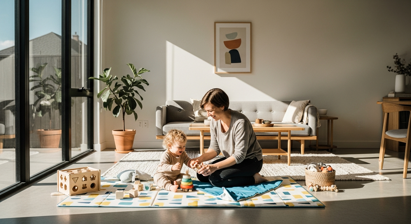 Little Bot Ofie Non-Toxic Reversible Play Mat displayed in modern nursery with Scandinavian design aesthetic and neutral color palette