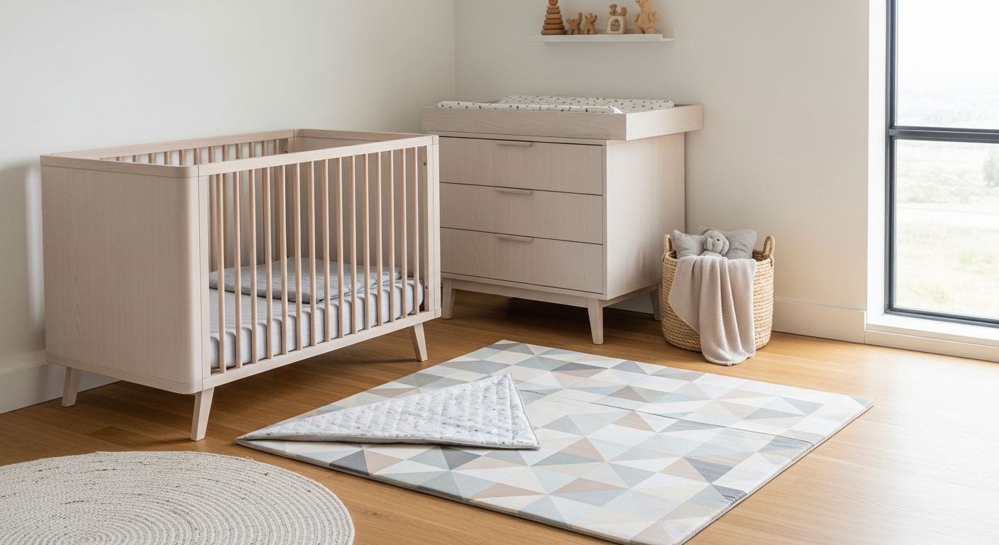 Little Bot Ofie Mat reversible play mat displayed in modern minimalist nursery with geometric and tribal-inspired designs