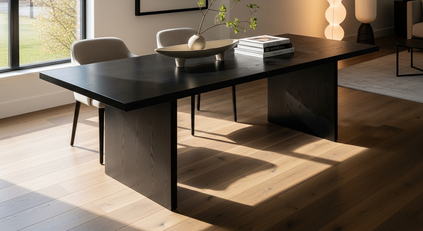 Littlefair's Black Ebony Wood Stain bottle displayed with beautifully stained dark wooden furniture and flooring samples