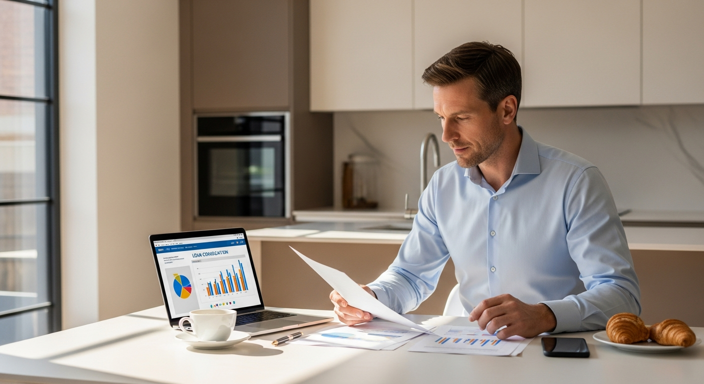 UK homeowner reviewing debt consolidation loan options on laptop with financial documents