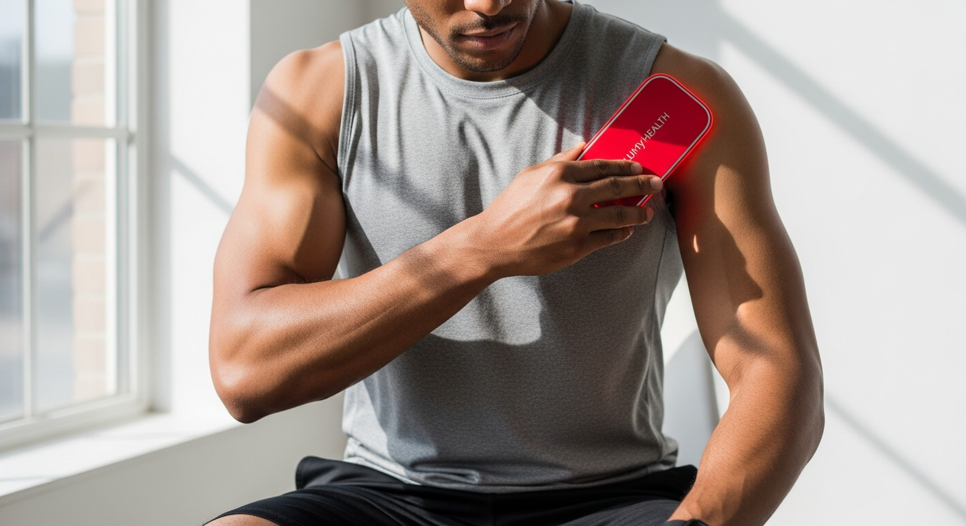 LumyHealth Red Light Therapy Pad displayed on athlete's leg during post-workout recovery session