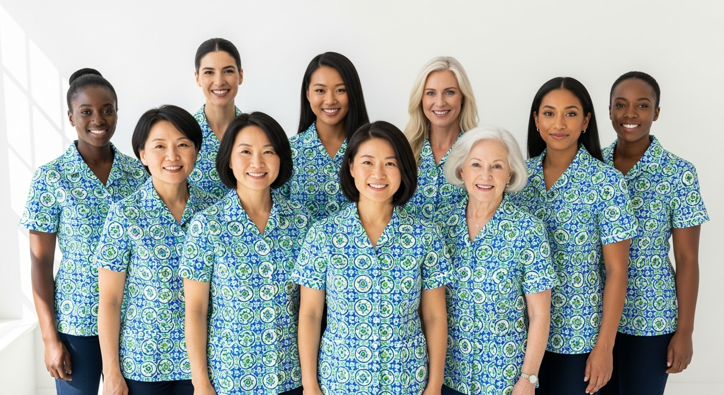 Woman wearing patterned cotton polyester top in turquoise and red colors