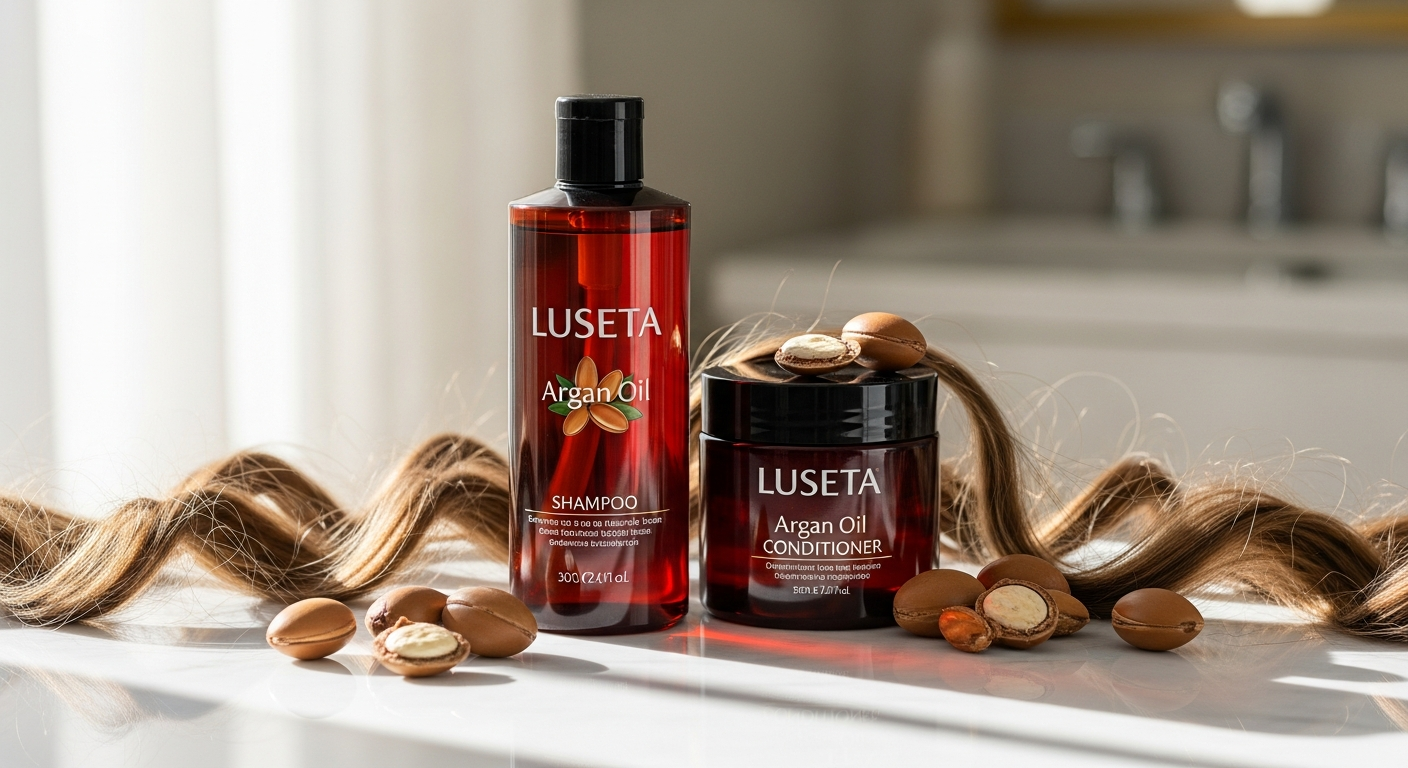 Luseta Argan Oil Moisturizing Shampoo and Conditioner Set bottles displayed with fresh argan fruits and botanical ingredients