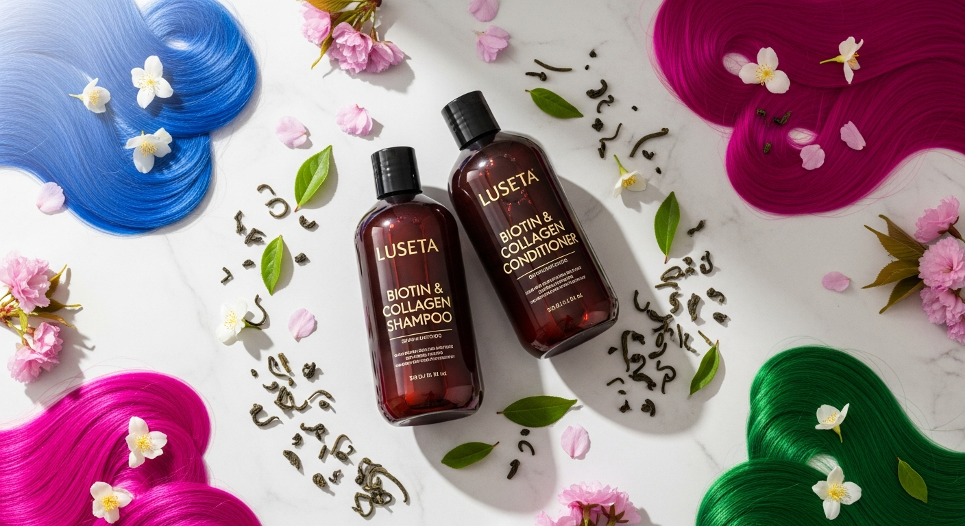 Luseta Biotin and Collagen Shampoo and Conditioner bottles displayed with vibrant color-treated hair strands