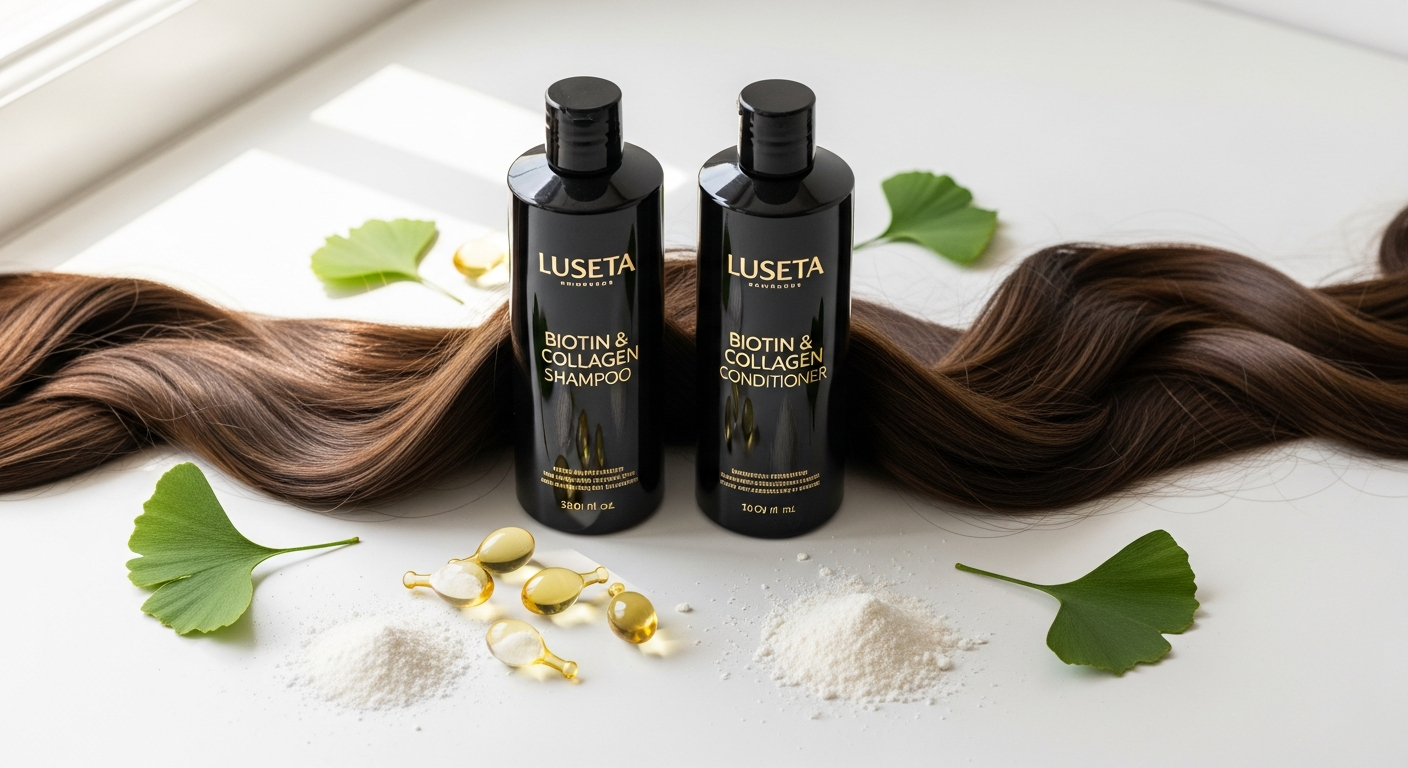 Luseta Biotin and Collagen Shampoo and Conditioner Duo bottles displayed with biotin, collagen, and argan oil ingredients