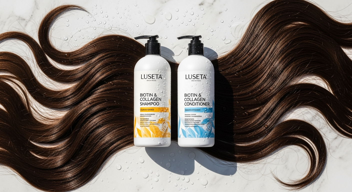 Luseta Biotin and Collagen Shampoo and Conditioner Duo bottles displayed with healthy, voluminous hair
