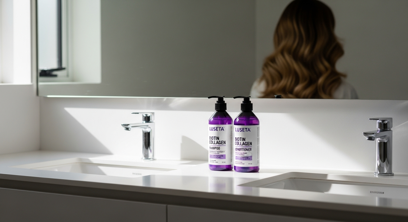 Luseta Biotin Collagen Thickening Shampoo and Conditioner bottles displayed with biotin and collagen ingredients