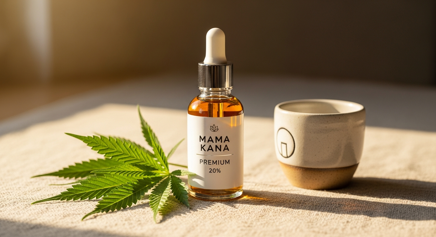 Mama Kana Premium 20% Full Spectrum CBD Oil bottle with European hemp leaves and wellness background