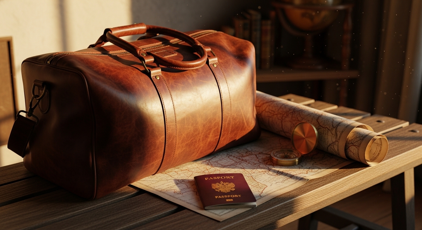 Full grain buffalo leather duffle travel bag showing rich patina and handcrafted construction details