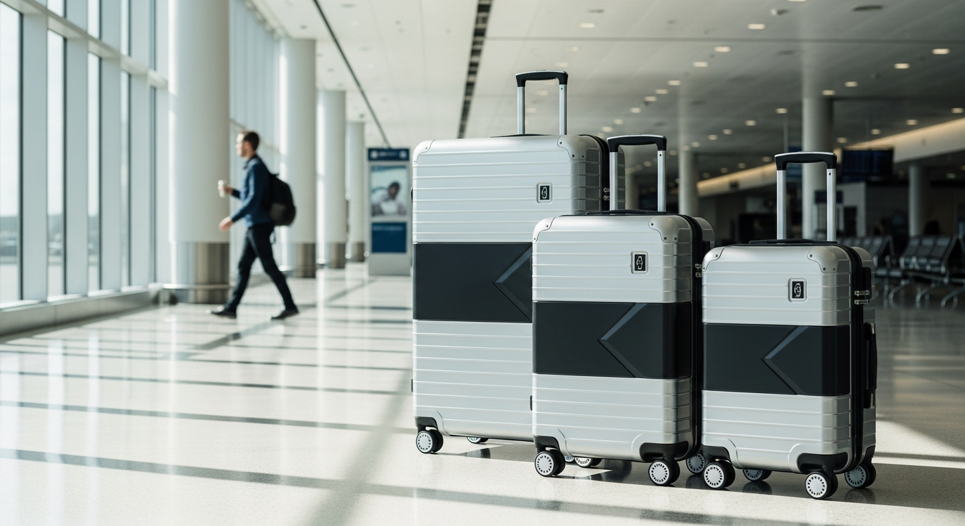 Premium aluminum luggage set with dual TSA locks displayed in modern travel setting