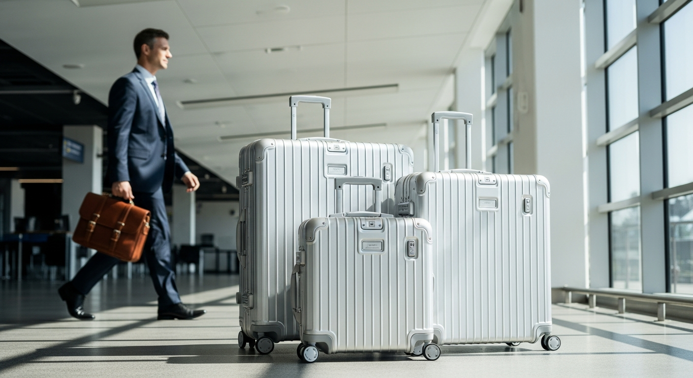 Greenwich Paris aluminum luggage set with TSA locks and 360-degree wheels displayed in professional setting