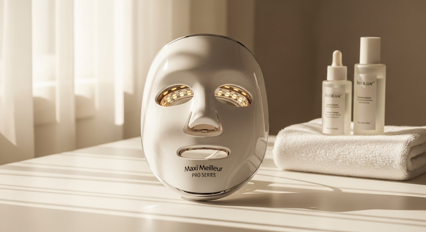 Maxi Meilleur Pro Series LED Gezichtsmasker with 368 lights displaying red, blue, orange, and infrared wavelengths for skin therapy