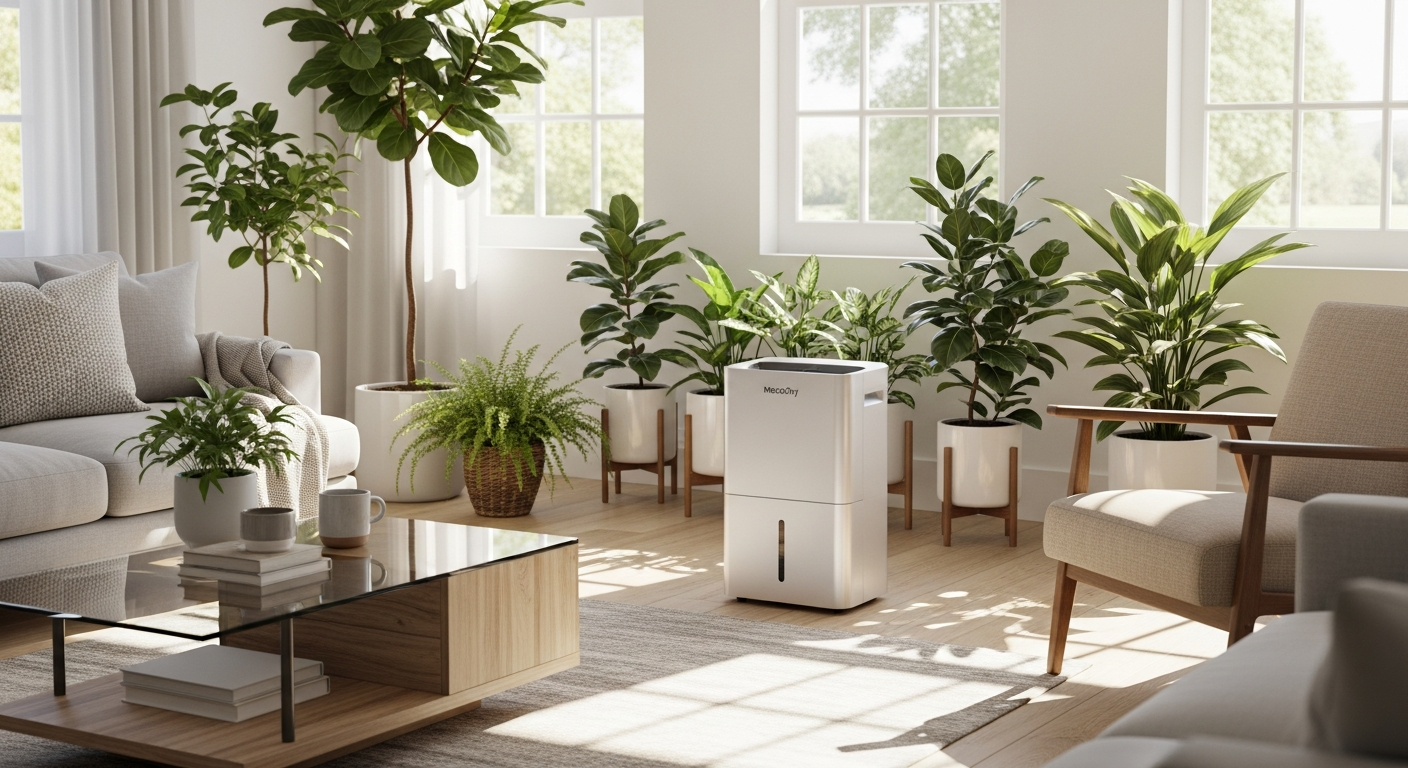 MeacoDry Arete One 25L dehumidifier and air purifier unit displayed in modern home setting