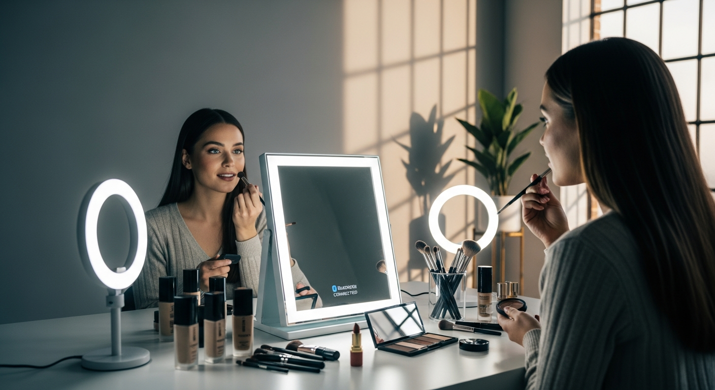 Mirlux Hollywood Bluetooth LED makeup mirror with dimmable lights and touch controls for content creators