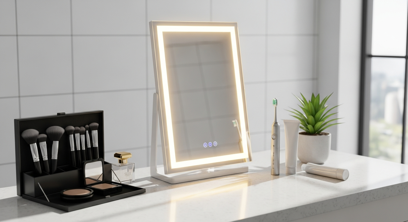 Mirlux Smart Hollywood LED Vanity Mirror with Bluetooth speakers and USB charging ports in white finish mounted on bathroom wall