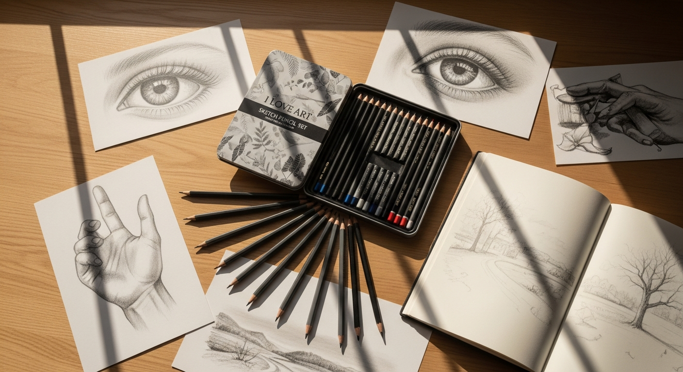 Professional sketch pencil set with graphite, charcoal, and specialty pencils arranged with erasers and blending tools