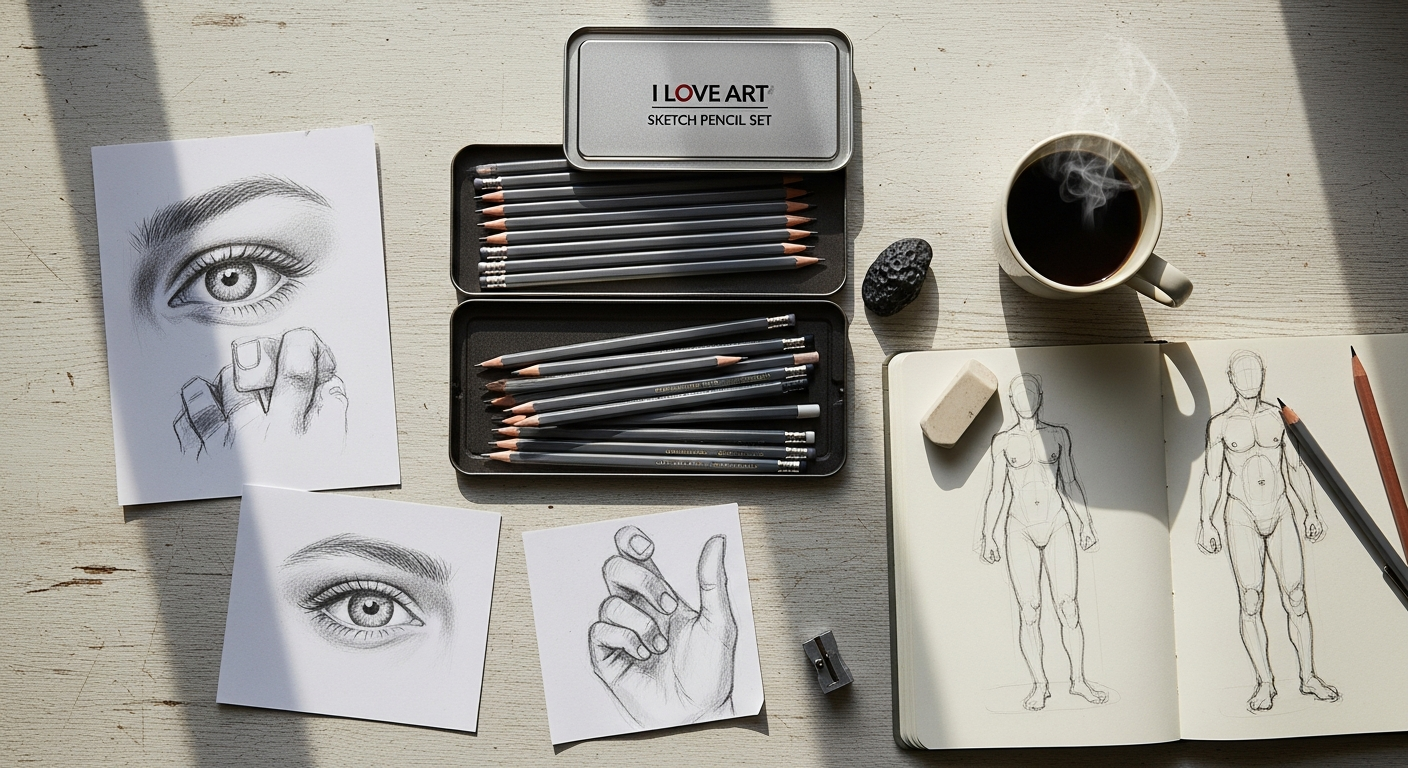 I Love Art Sketch Pencil Set with graphite pencils arranged by hardness grade and included accessories
