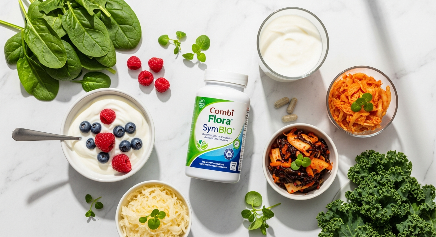 Combi Flora SymBIO probiotic supplement capsules with prebiotic acacia fiber for gut health recovery