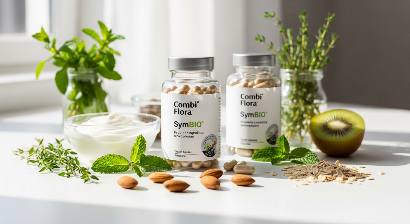 Combi Flora SymBIO Gut Health Capsules bottle displayed with prebiotic acacia fiber and beneficial bacterial strains illustration