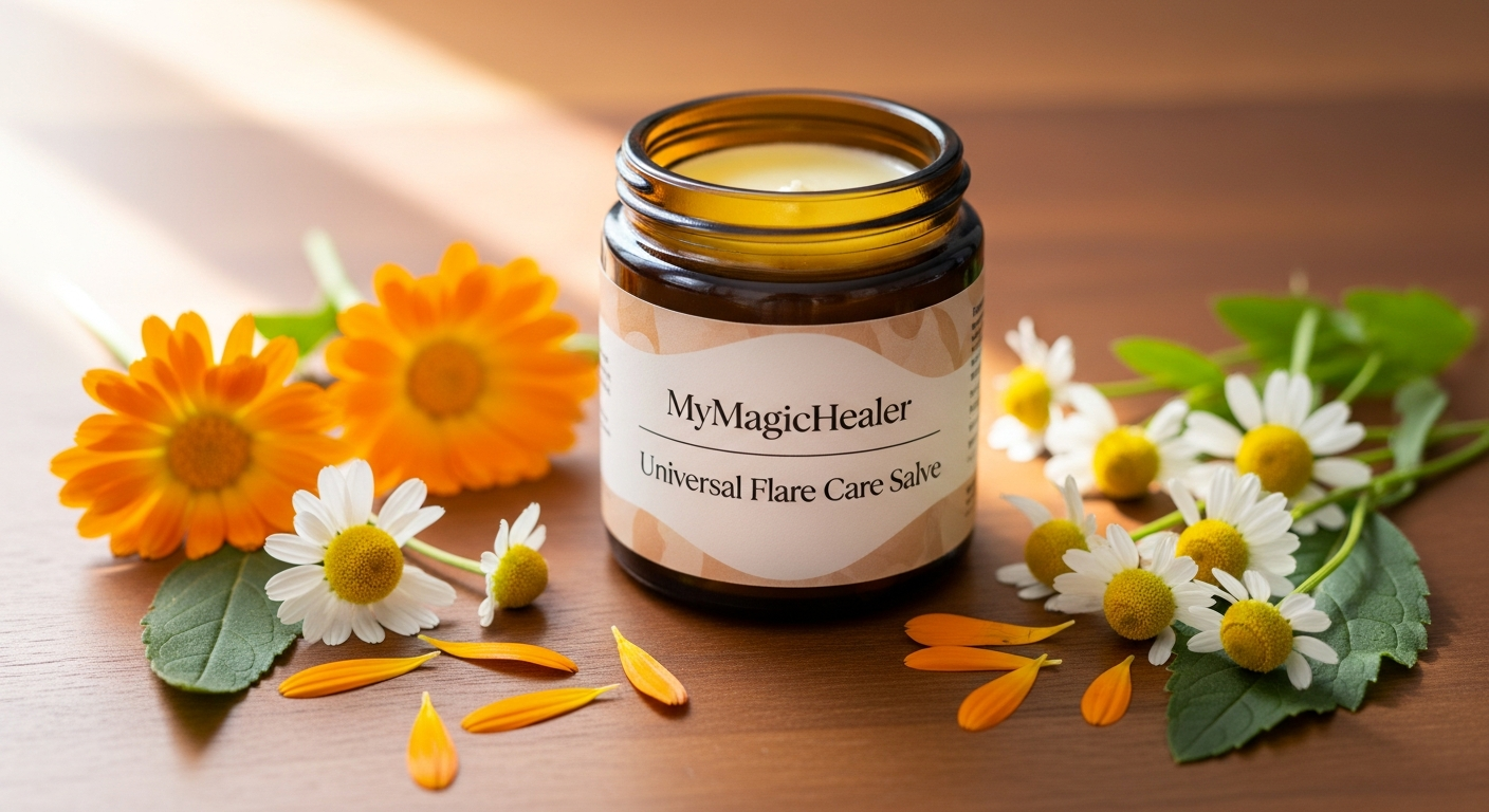 MyMagicHealer Universal Flare Care Salve jar with natural ingredients displayed on wooden surface
