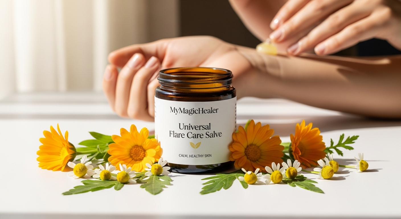 MyMagicHealer Universal Flare Care Salve jar with natural ingredients displayed on white background