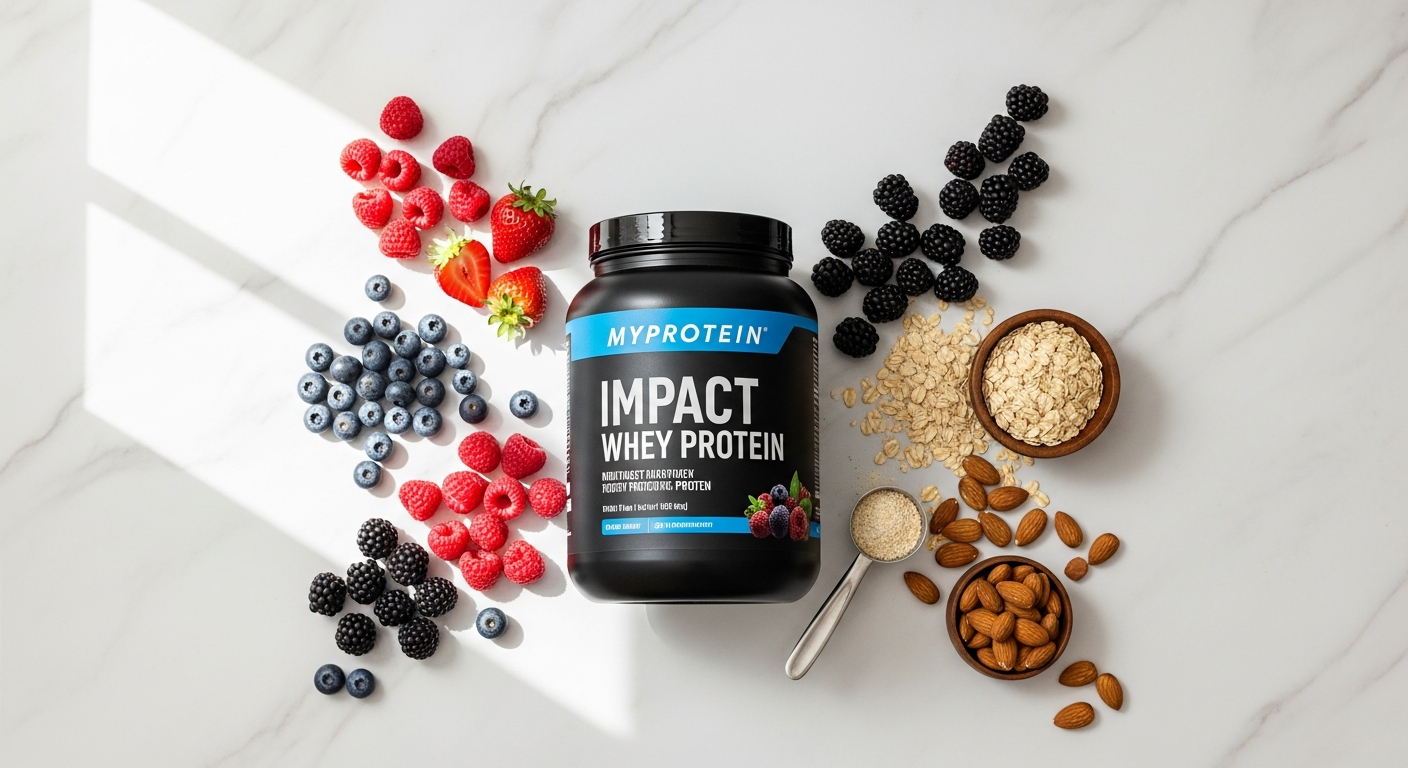 Myprotein Impact Whey Protein Powder container with multiple flavor varieties displayed on white background