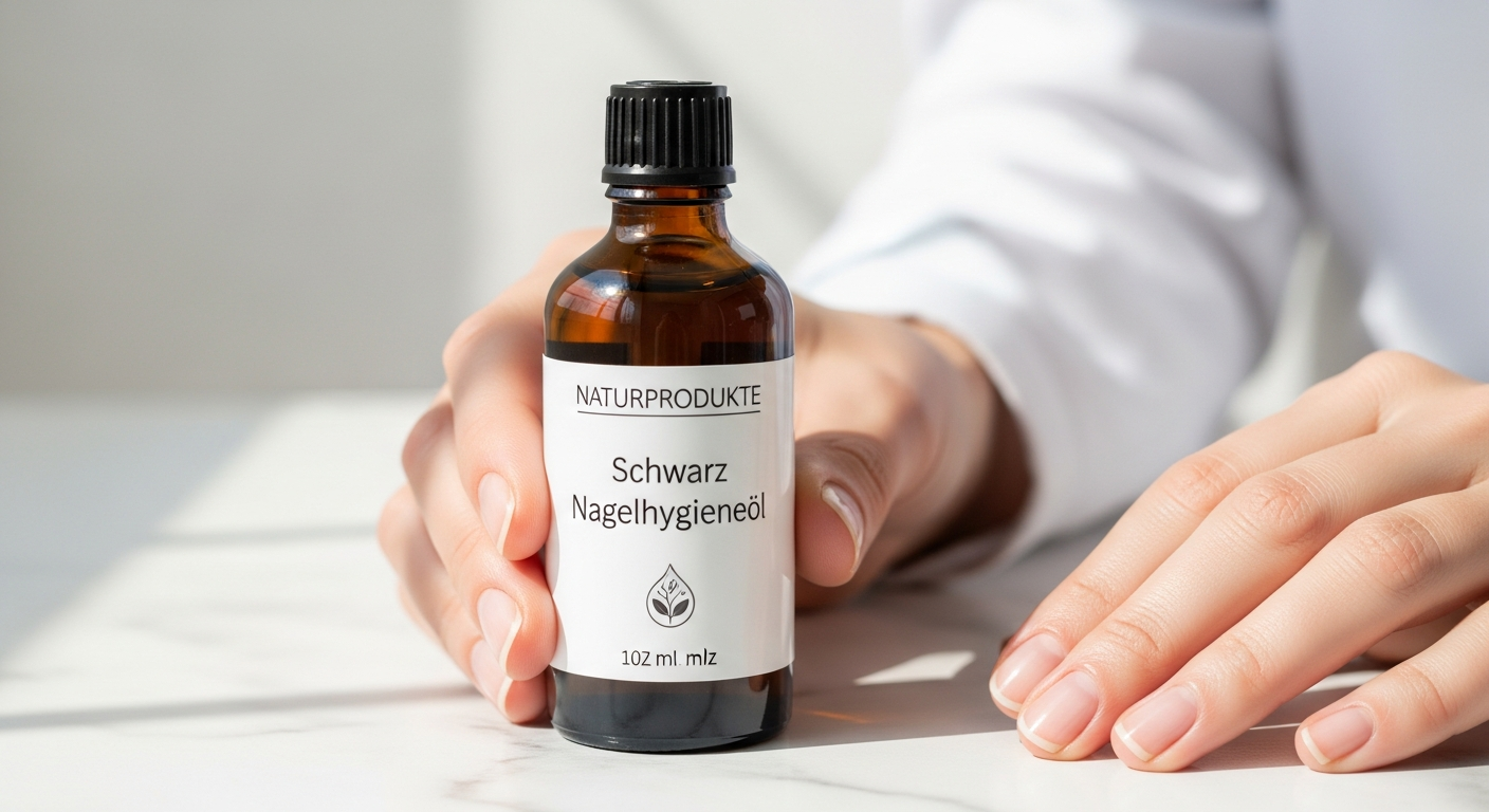 Naturprodukte Schwarz Nagelhygieneöl bottle with tea tree and manuka oil ingredients displayed