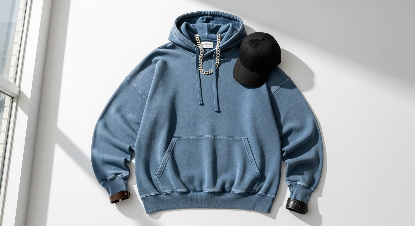 LYFL Washed Blue Luxury Streetwear Hoodie from Nice Peace displayed on urban background