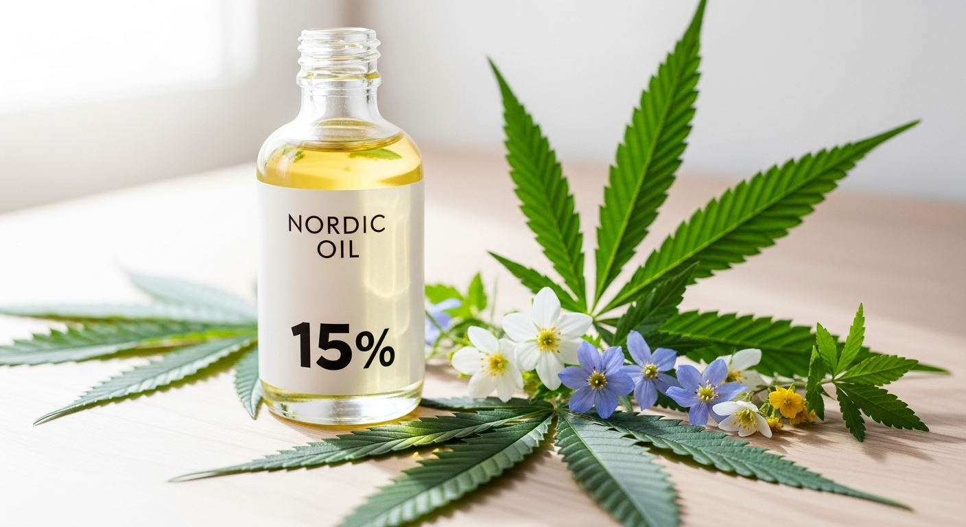 Nordic Oil CBD Oil Plus 15% full spectrum bottle with hemp leaves and dropper on white background