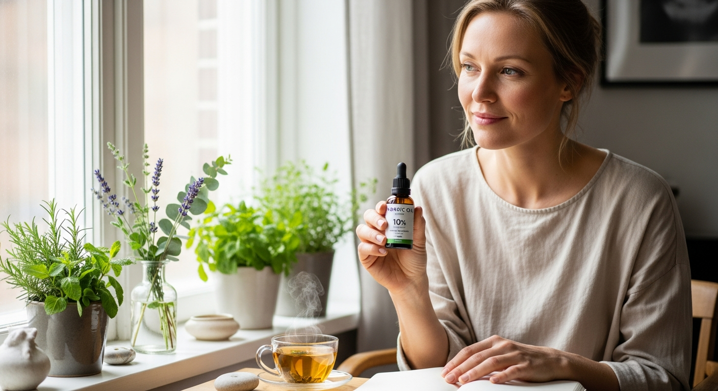 Nordic Oil CBD Öl 10% Vollspektrum Plus bottle with dropper and wellness ingredients displayed