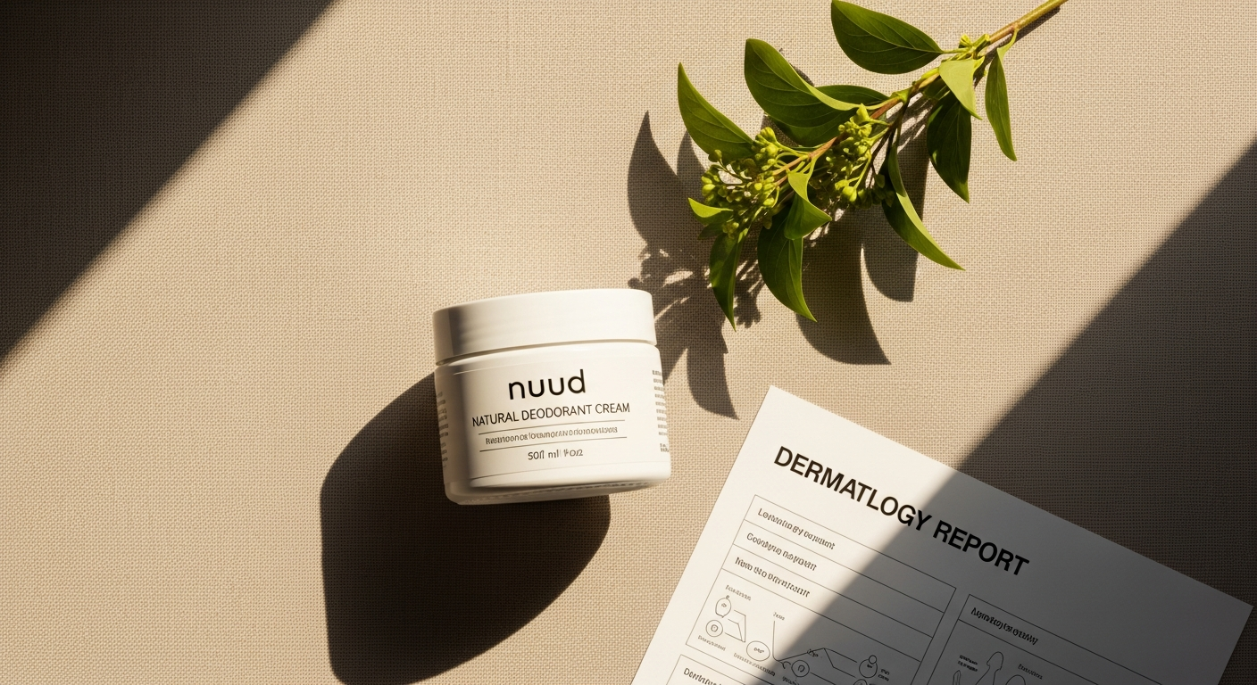 Nuud Cream Natural Deodorant tube and product display for sensitive skin care