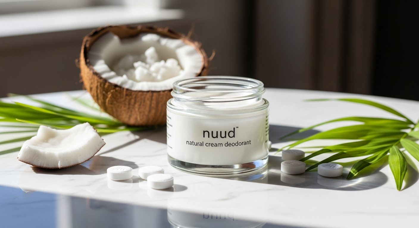 Nuud natural cream deodorant tube with microsilver and zinc oxide ingredients displayed