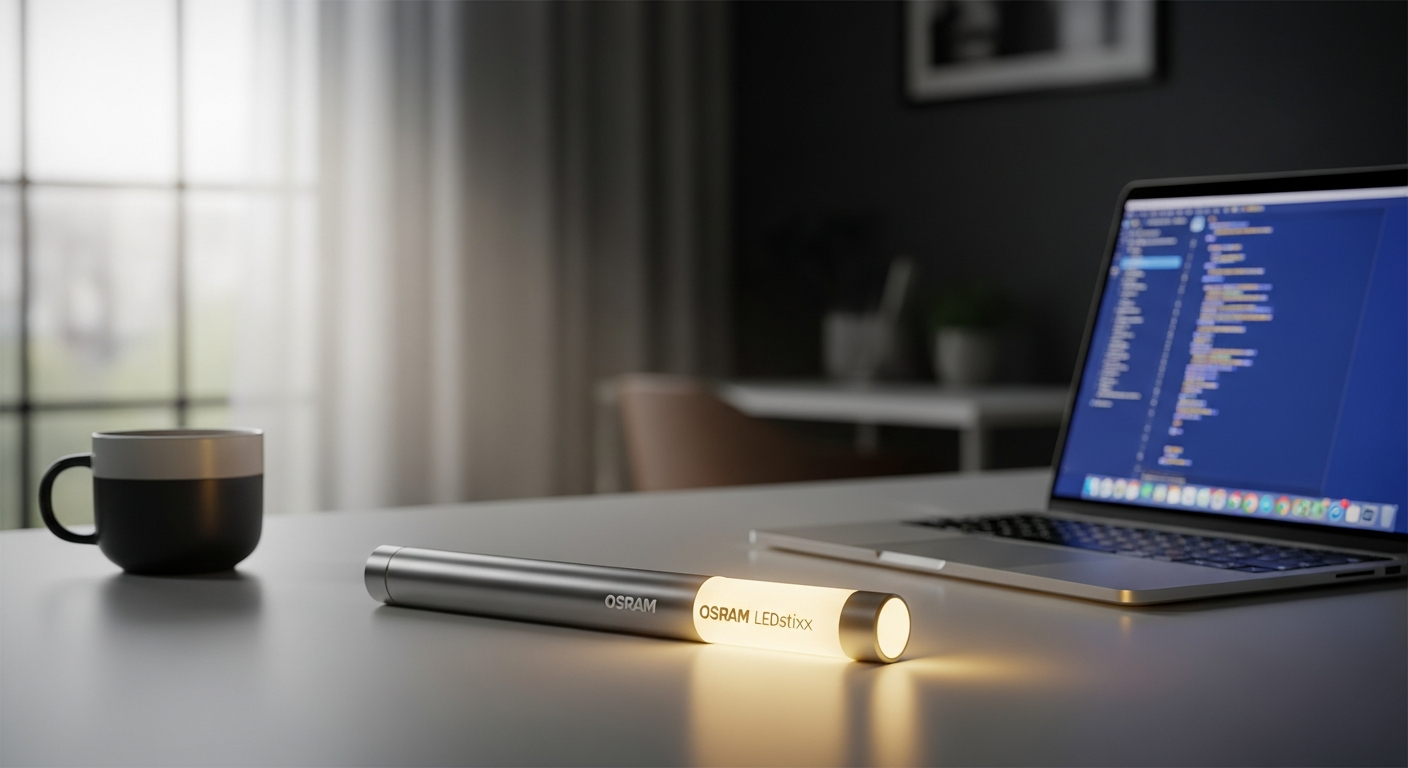 OSRAM LEDstixx USB rechargeable light stick mounted under kitchen cabinet illuminating countertop workspace