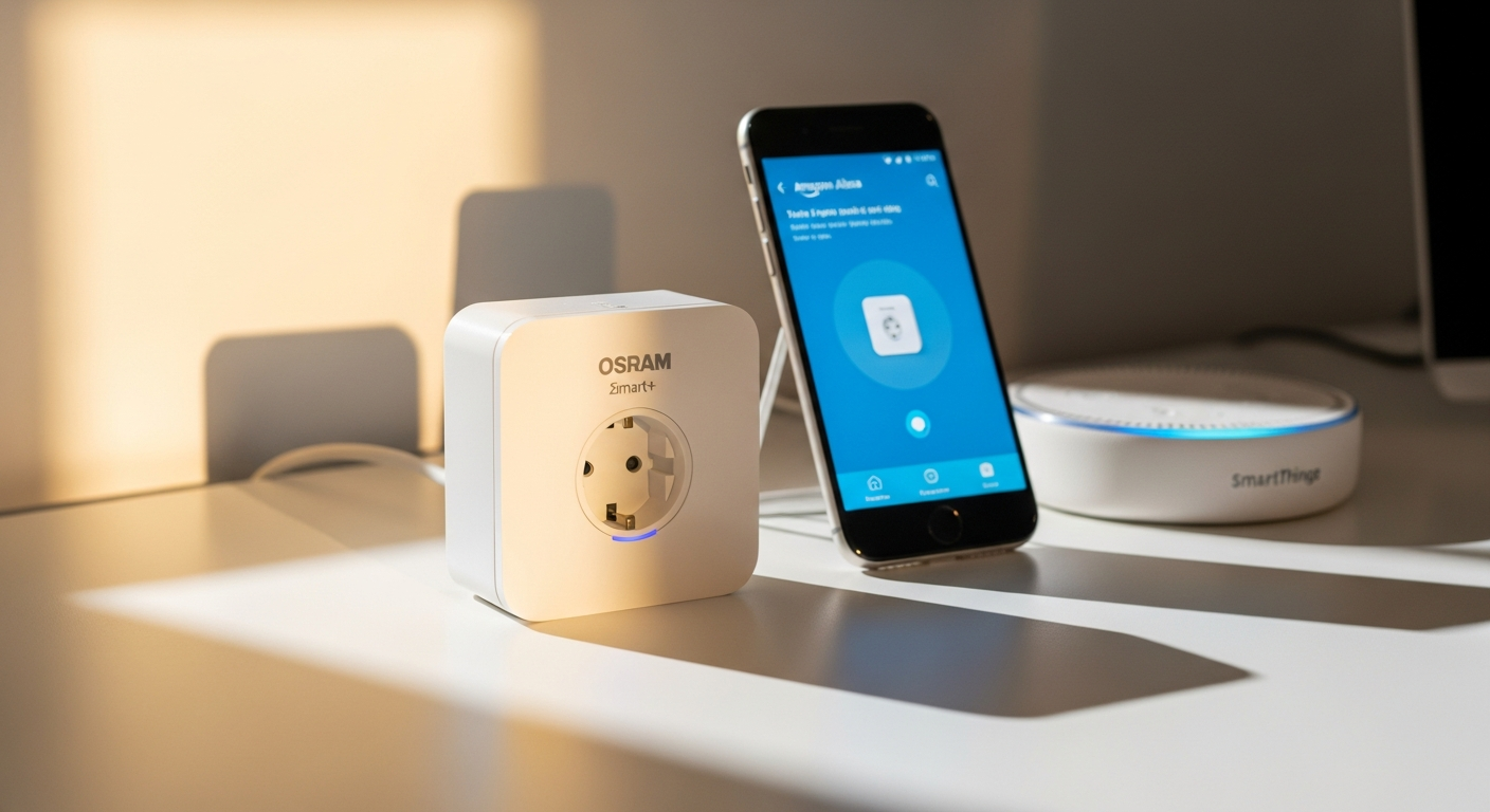 OSRAM Smart+ Zigbee Smart Plug white device with light grey front on European power outlet