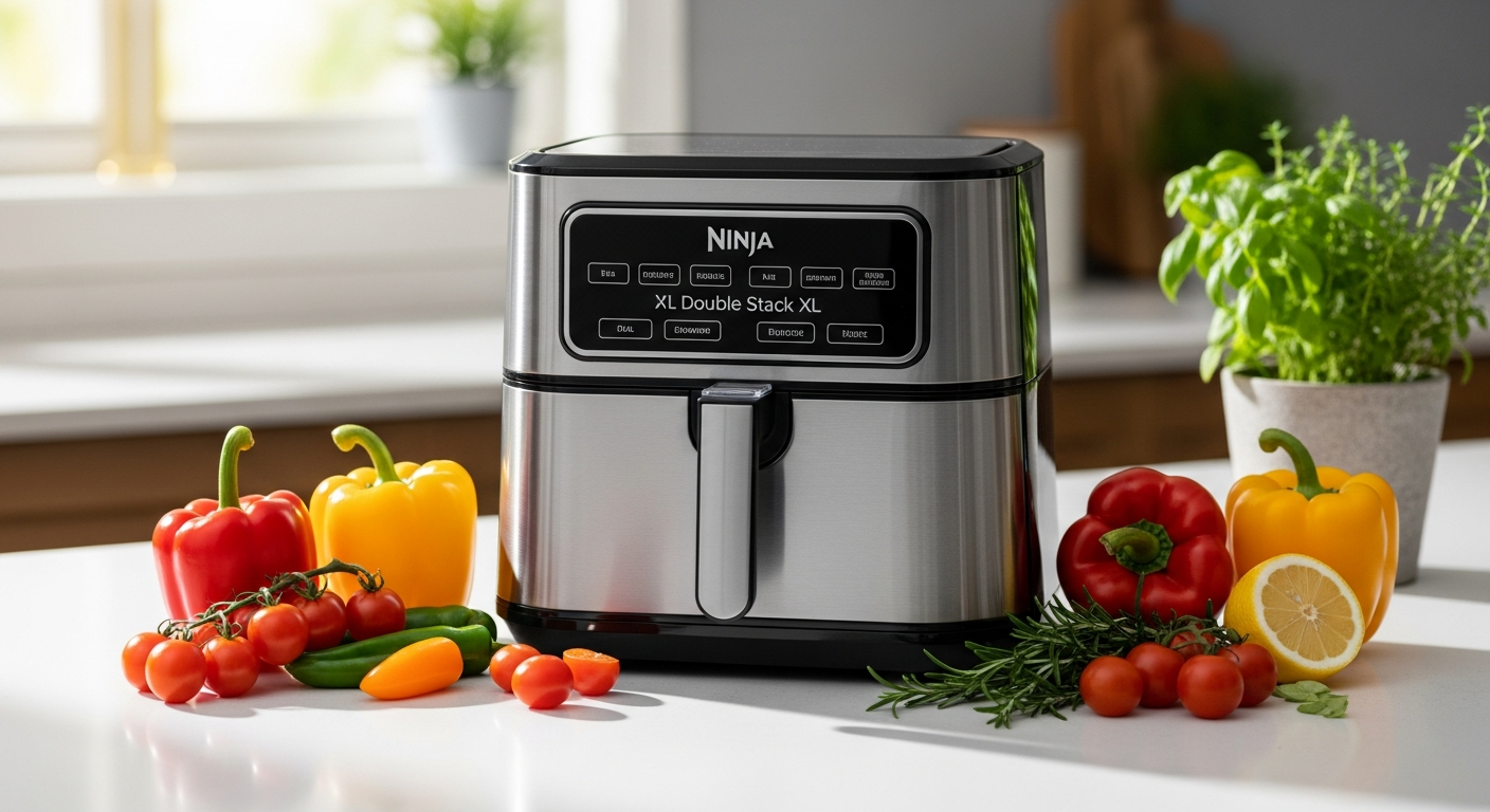 Ninja Double Stack XL Air Fryer with dual drawers displayed on modern kitchen counter