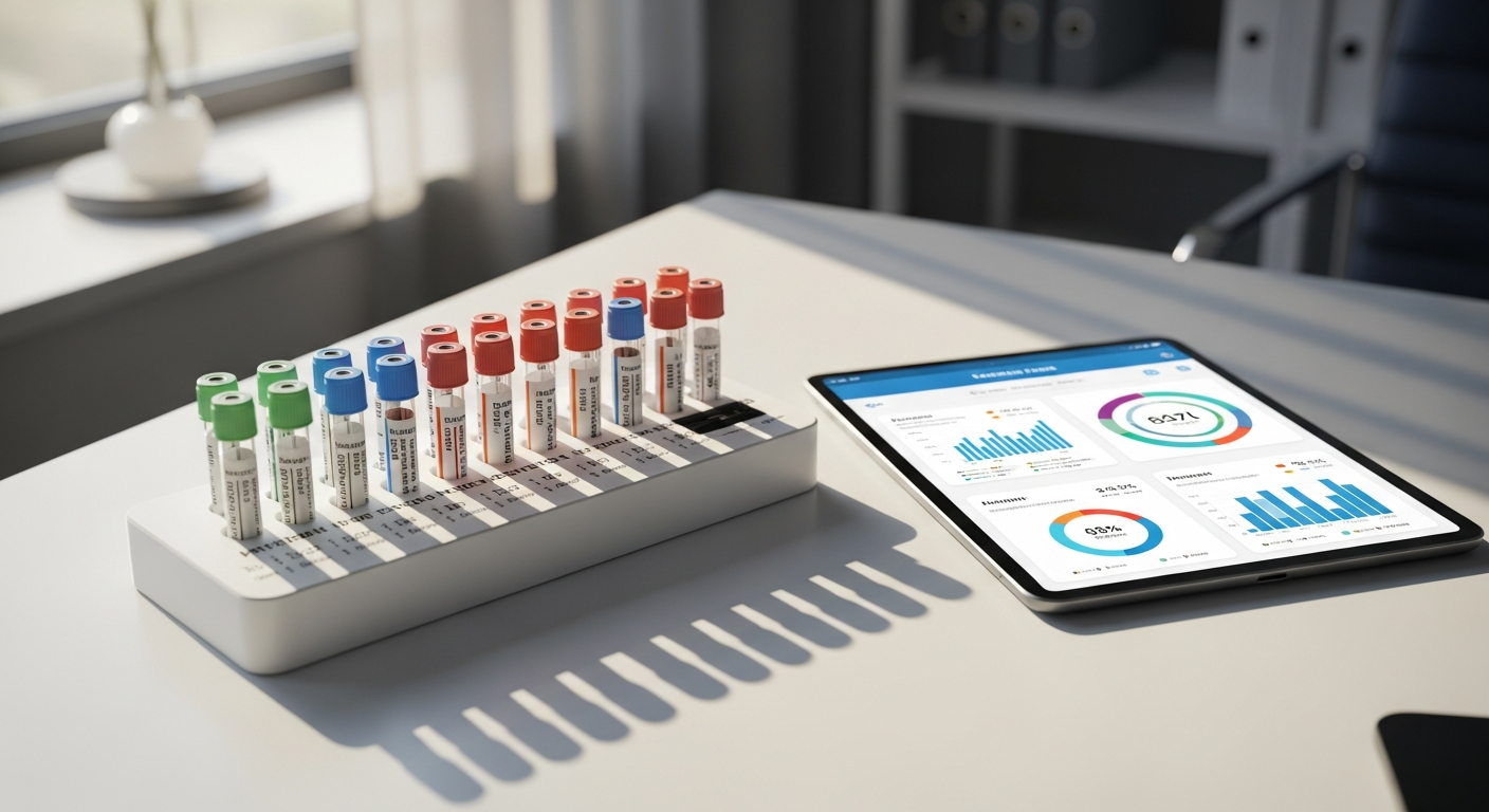 Ultimate Performance Blood Test Kit with 57 biomarkers analysis results displayed on digital screen