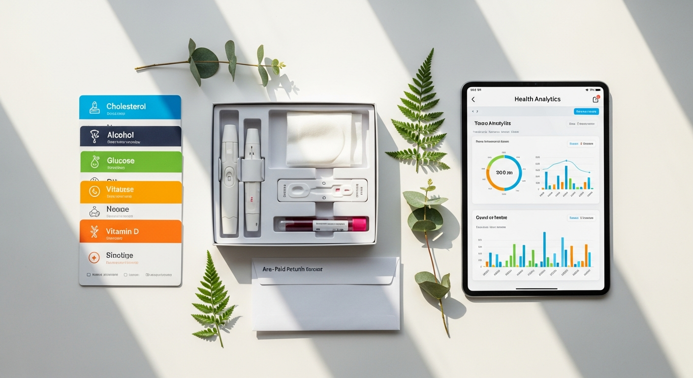 Ultimate Performance Health Check blood test kit with 57 biomarkers analysis results displayed on tablet screen