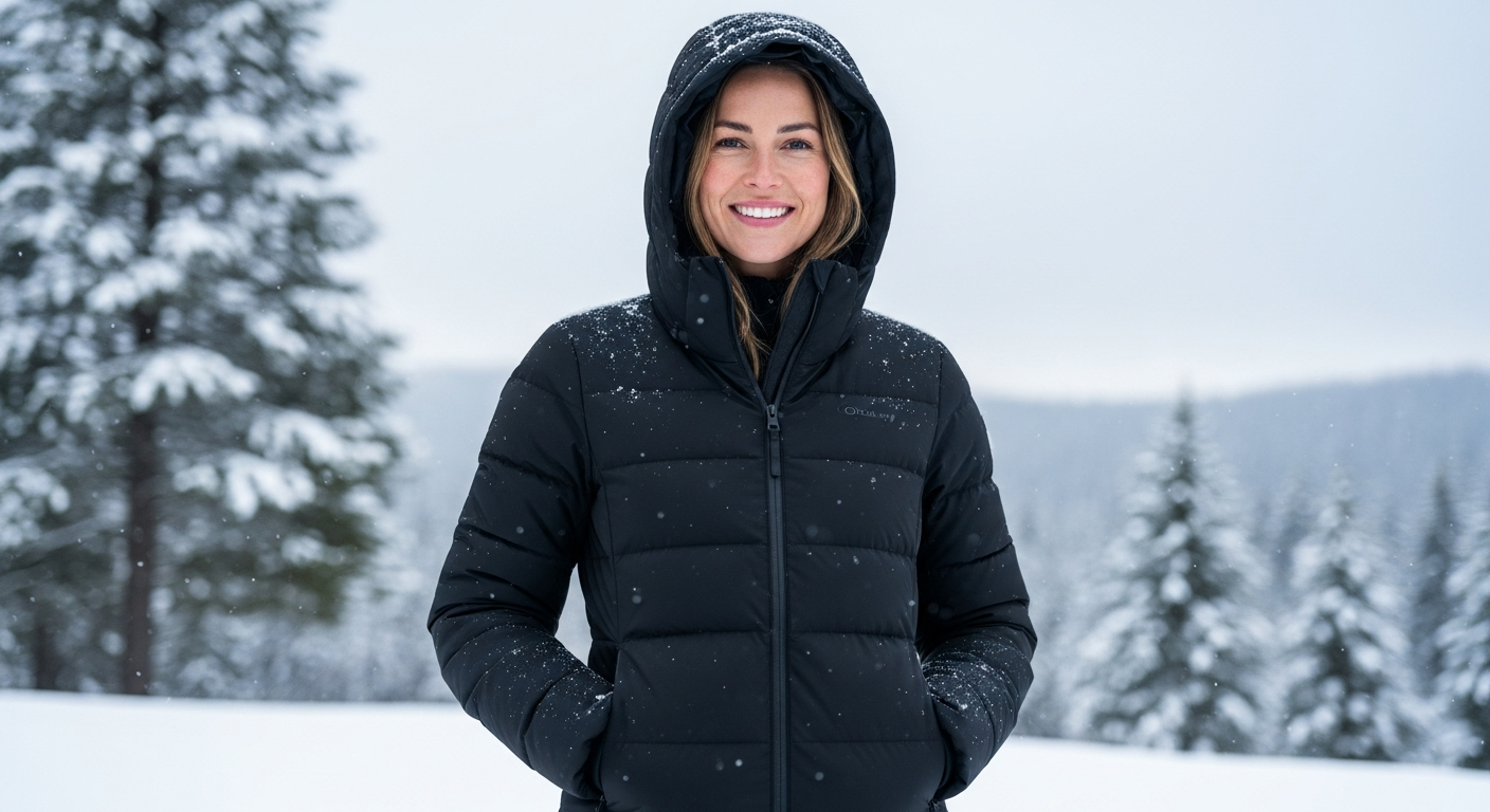 Orolay Women's Thickened Down Jacket in cream color displayed on model wearing winter outfit