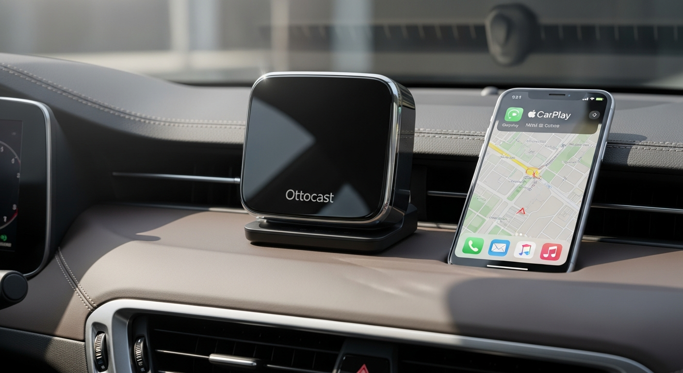 Ottocast Mini Cube 3.0 wireless CarPlay adapter displayed next to smartphone and car dashboard