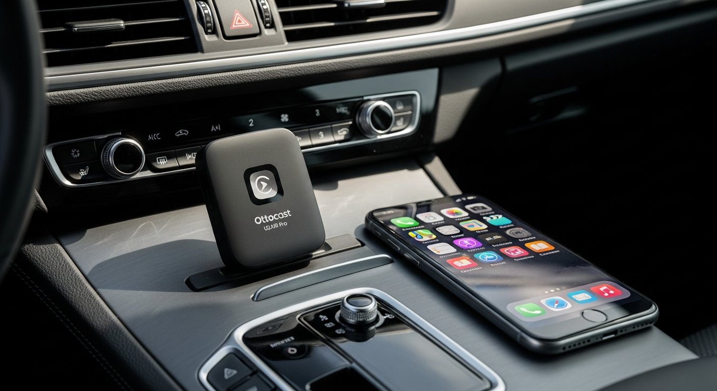 Ottocast U2AIR Pro wireless CarPlay adapter device shown with USB cable and iPhone connection setup